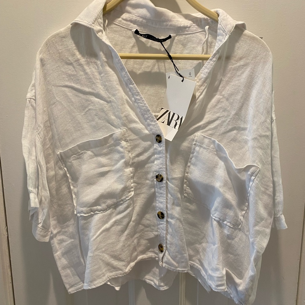NWT Zara white linen short sleeve cropped button down
